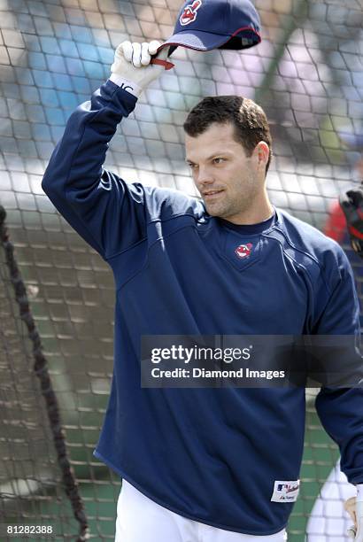 Infielder Jamey Carroll of the Cleveland Indians warms up prior to a game with the New York Yankees on Sunday, April 27, 2008 at Progressive Field in...