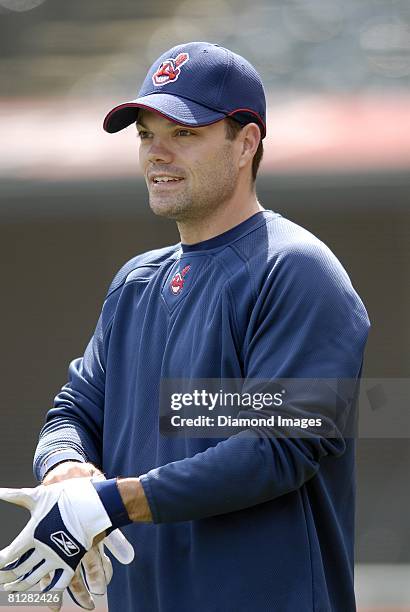 Infielder Jamey Carroll of the Cleveland Indians warms up prior to a game with the New York Yankees on Sunday, April 27, 2008 at Progressive Field in...