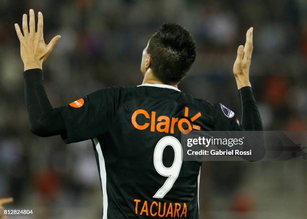 Oscar Cardozo of Libertad celebrates after scoring the second goal of his team during a first leg match between Huracan and Libertad as part of...