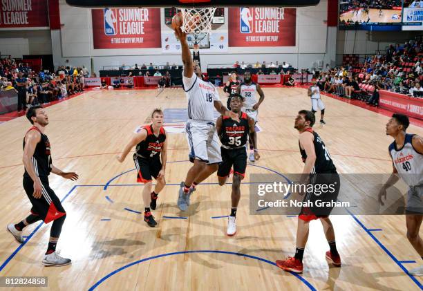 Maalik Wayns of the Washington Wizards goes to the basket against the Chicago Bulls during the 2017 Summer League on July 11, 2017 at the Cox...