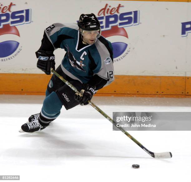 Sharks captain Patrick Marleau skates with the puck during the Detroit Red Wings 2-0 defeat of the San Jose Sharks May 7, 2007 at HP Pavilion in San...