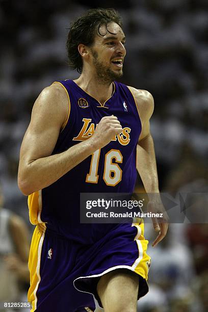 Pau Gasol of the Los Angeles Lakers reacts in the third quarter while taking on the San Antonio Spurs in Game Four of the Western Conference Finals...