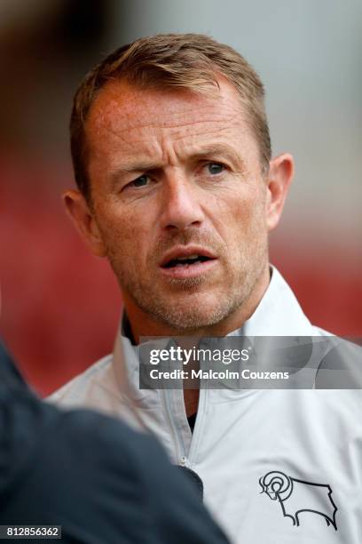 Derby County manager Gary Rowett looks on during the pre-season friendly between Kidderminster Harriers and Derby County at Aggborough Stadium on...