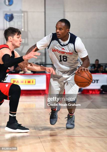 Maalik Wayns of the Washington Wizards handles the ball against the Chicago Bulls during the 2017 Summer League on July 11, 2017 at the Cox Pavilion...