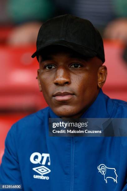 New signing Andre Wisdom of Derby County looks on during the pre-season friendly between Kidderminster Harriers and Derby County at Aggborough...