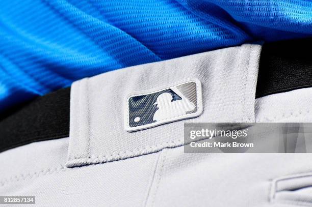 Detail of the MLB logo on a pair of pants during batting practice for the 88th MLB All-Star Game at Marlins Park on July 11, 2017 in Miami, Florida.