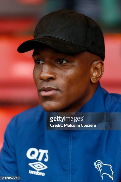 New signing Andre Wisdom of Derby County looks on during the pre-season friendly between Kidderminster Harriers and Derby County at Aggborough...