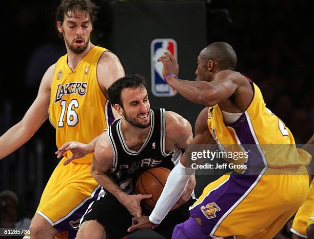 Manu Ginobili of the San Antonio Spurs is covered by Kobe Bryant and Pau Gasol of the Los Angeles Lakers in Game Five of the Western Conference...