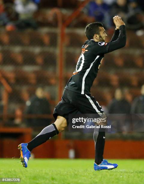 Antonio Bareiro of Libertad celebrates after scoring the fourth goal of his team during a first leg match between Huracan and Libertad as part of...