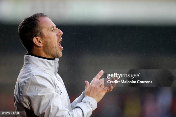 Derby County manager Gary Rowett looks on during the pre-season friendly between Kidderminster Harriers and Derby County at Aggborough Stadium on...