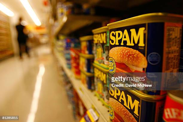 Spam, the often-maligned classic canned lunch meat made by Hormel Foods, is seen on a grocery store shelf May 29, 2008 in Sierra Madre, California....