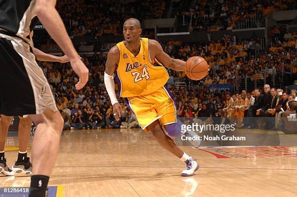 Kobe Bryant of the Los Angeles Lakers handles the ball against the San Antonio Spurs in Game Five of the Western Conference Finals during the 2008...