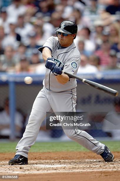 Jose Vidro of the Seattle Mariners swings at a pitch against the New York Yankees during their game on May 24, 2008 at Yankee Stadium in the Bronx...