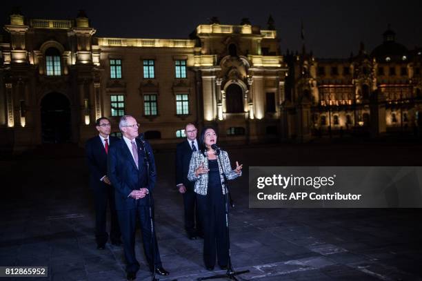 Peru's President Pedro Pablo Kuczynski and the leader of Fuerza Popular party, Keiko Fujimori deliver a joint press conference after a private...