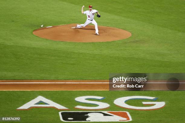 Max Scherzer of the Washington Nationals and the National League throws a pitch in the first inning during the 88th MLB All-Star Game at Marlins Park...