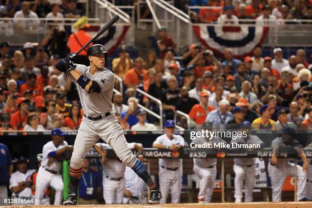 Aaron Judge of the New York Yankees and the American League bats in the first inning against the National League All-Stars during the 88th MLB...