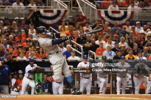 Aaron Judge of the New York Yankees and the American League bats in the first inning against the National League All-Stars during the 88th MLB...