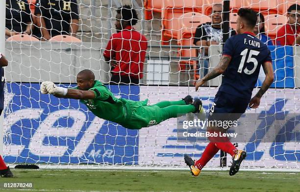 Patrick Pemberton of Costa Rica makes a diving save against the Canada in the first half at BBVA Compass Stadium on July 11, 2017 in Houston, Texas.