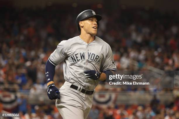 Aaron Judge of the New York Yankees and the American League reacts as he flies out in the fifth inning against the National League during the 88th...