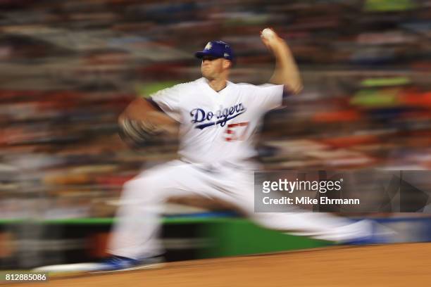 Alex Wood of the Los Angeles Dodgers and the National League pitches in the fifth inning against the American League during the 88th MLB All-Star...