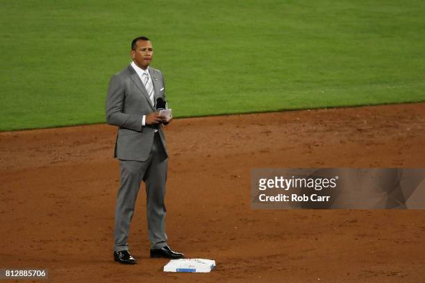 Alexander Rodriguez waits to interview players after the first inning during the 88th MLB All-Star Game at Marlins Park on July 11, 2017 in Miami,...