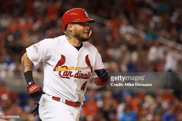 Yadier Molina of the St. Louis Cardinals and the National League runs the bases after hitting a solo home run in the sixth inning against the...
