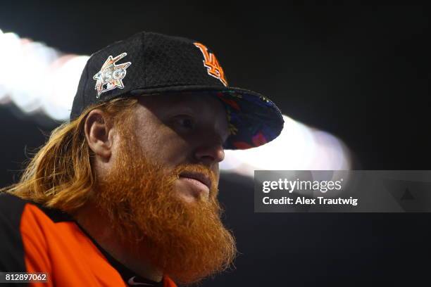 National League All-Star Justin Turner of the Los Angeles Dodgers is seen during batting practice before the 88th MLB All-Star Game at Marlins Park...