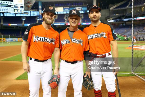 National League All-Stars Bryce Harper of the Washington Nationals, coach Don Mattingly of the Miami Marlins and Joey Votto of the Cincinnati Reds...