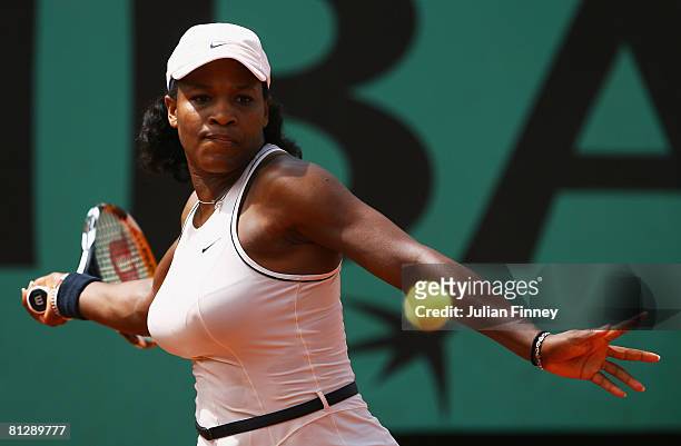 Serena Williams of USA hits a forehand during the Women's Singles third round match Katarin Srebotnik of Slovenia against on day six of the French...