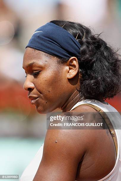 Player Serena Williams reacts during a match with Slovak player Katarina Srebotnik during the third round of the French Tennis Open, at Roland...