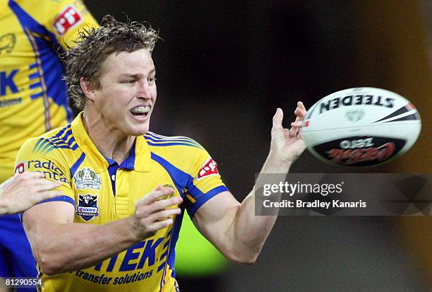 Brett Finch of the Eels passes the ball during the round 12 NRL match between the Brisbane Broncos and the Parramatta Eels at Suncorp Stadium on May...