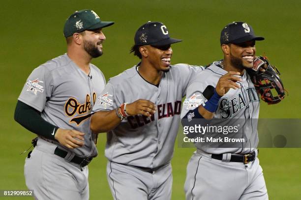 Yonder Alonso of the Oakland Athletics and the American League, Robinson Cano of the Seattle Mariners and the American League and Francisco Lindor of...