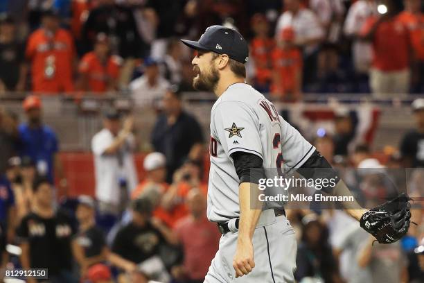 Andrew Miller of the Cleveland Indians celebrates defeating the National League 2-1 in the 88th MLB All-Star Game at Marlins Park on July 11, 2017 in...