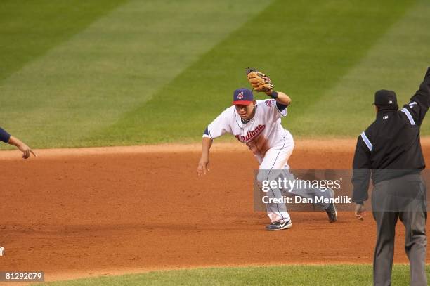 Asdrubal Cabrera of the Cleveland Indians completes an unassisted triple play against the Toronto Blue Jays at Progressive Field in Cleveland, Ohio...