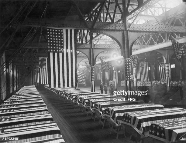 Service is held in Hoboken, New Jersey, for 1609 American soldiers who died on the battlefields of France during World War I, 16th March 1921. The...