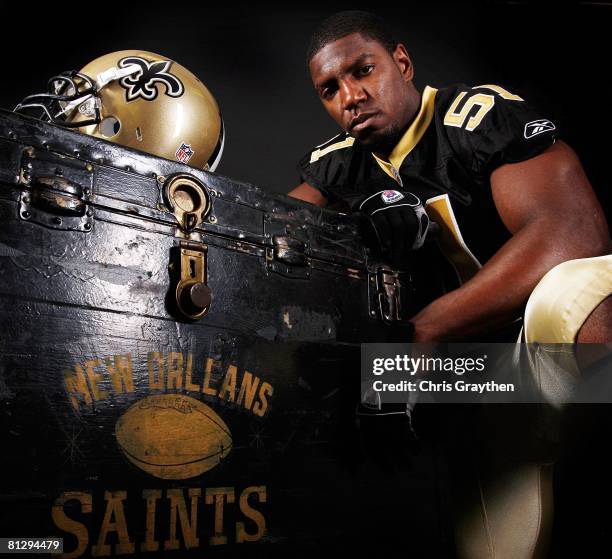 Jonathan Vilma, #51 of the New Orleans Saints, poses for a photo at the New Orleans Saints Training Facility on May 28, 2008 in Metairie, Louisiana.