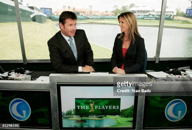Golf Channel announcers Nick Faldo, left, and Kelly Tilghman right, inside the booth at the 18th hole during the second round of THE PLAYERS...