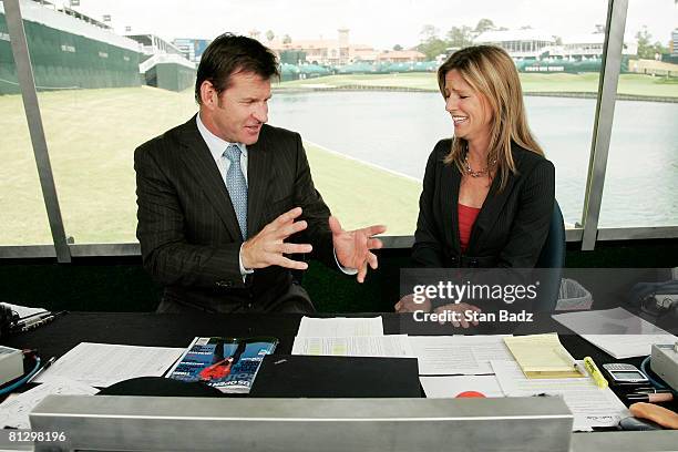 Golf Channel announcers Nick Faldo, left, and Kelly Tilghman right, inside the booth at the 18th hole during the second round of THE PLAYERS...