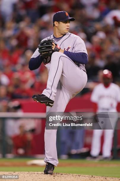 Armando Galarraga of the Detroit Tigers pitches against the Los Angeles Angels of Anaheim at Angels Stadium on May 28, 2008 in Anaheim, California.