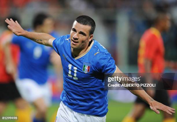 Italian national football team striker Antonio Di Natale celebrates after scoring during a friendly football match against Belgium at Artemio Franchi...