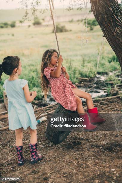 little girls swinging on a tire - tire swing stock pictures, royalty-free photos & images