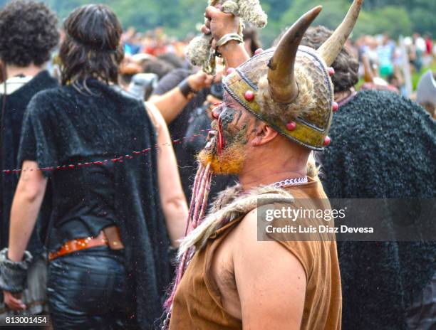 the viking landing party of catoira - viking helmet stock-fotos und bilder