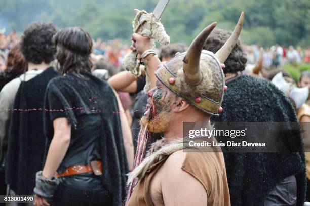 the viking landing party of catoira - viking helmet stock-fotos und bilder