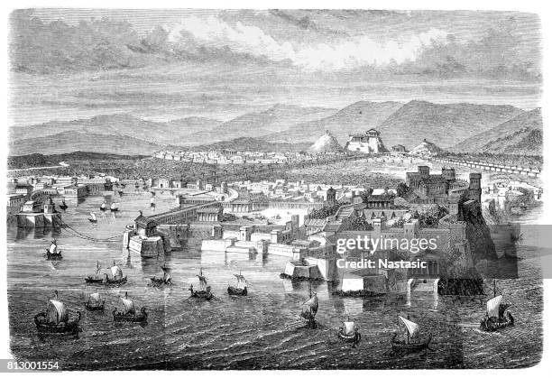 athens, view from piraeus - piraeus greece stock illustrations