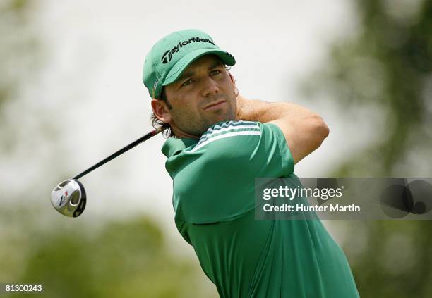 Sergio Garcia of Spain hits his tee shot on the 1st hole during the second round of the Memorial Tournament at Muirfield Village Golf Club on May 30,...