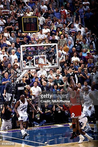 Michael Jordan of the Chicago Bulls shoots the game winning jumpshot against the Utah Jazz during game six of the 1998 NBA Finals played on June 14,...