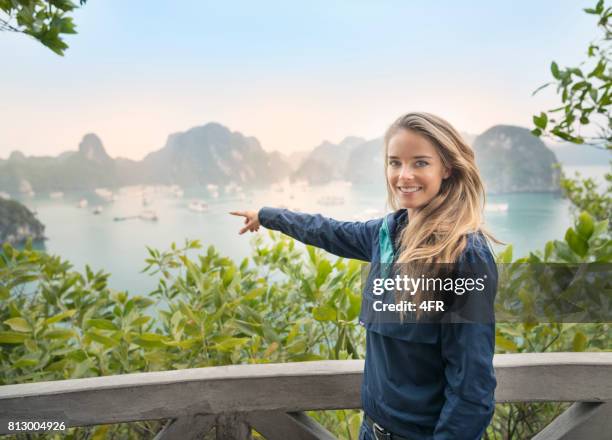 tourist overlooking halong bay at sunset - halong bay stock pictures, royalty-free photos & images