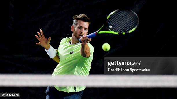 Austin Krajicek in action during the Nielsen Pro Tennis Championship on July 10, 2017 at the A.C. Nielsen Tennis Center in Winnetka, Illinois.