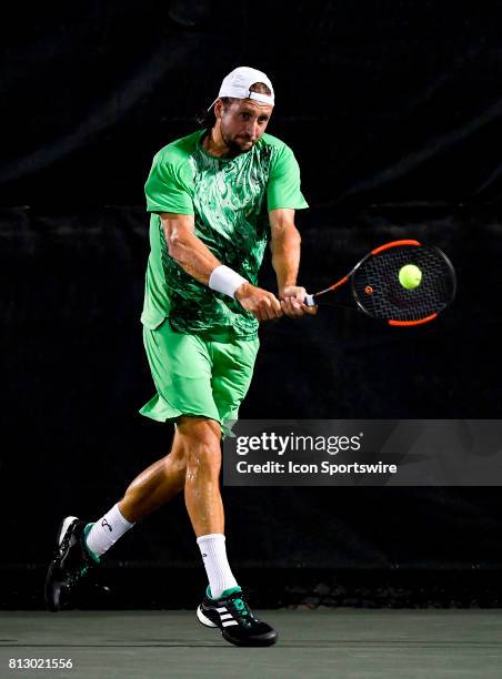 Tenny Sandgren in action during the Nielsen Pro Tennis Championship on July 10, 2017 at the A.C. Nielsen Tennis Center in Winnetka, Illinois.