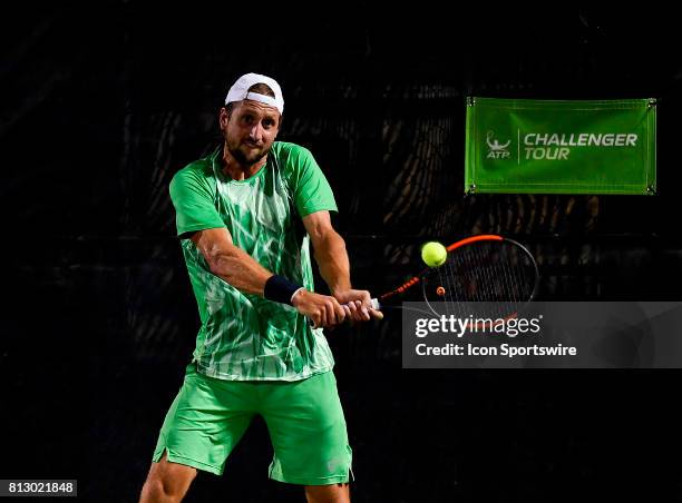 Tenny Sandgren in action during the Nielsen Pro Tennis Championship on July 10, 2017 at the A.C. Nielsen Tennis Center in Winnetka, Illinois.